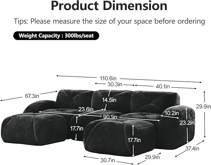Modular Sectional Sofa with Free Combination,Boneless Floor Couch for Living Room & Lounge,Velvet 3-Seater Sectional Couch with 2 Ottomans,No Assembly Needed