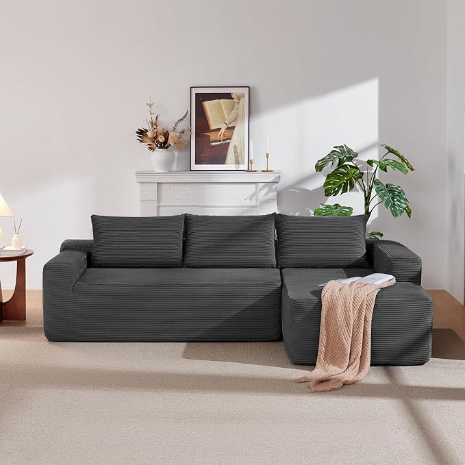96 Inch Cloud Sectional Couch,Modern Modular Sectional Sofa with Deep Seat,Corduroy Boneless Couches with L-Shape Chaise for Living Room Bedroom,No Assembly Required (Grey, Right Facing Chaise)