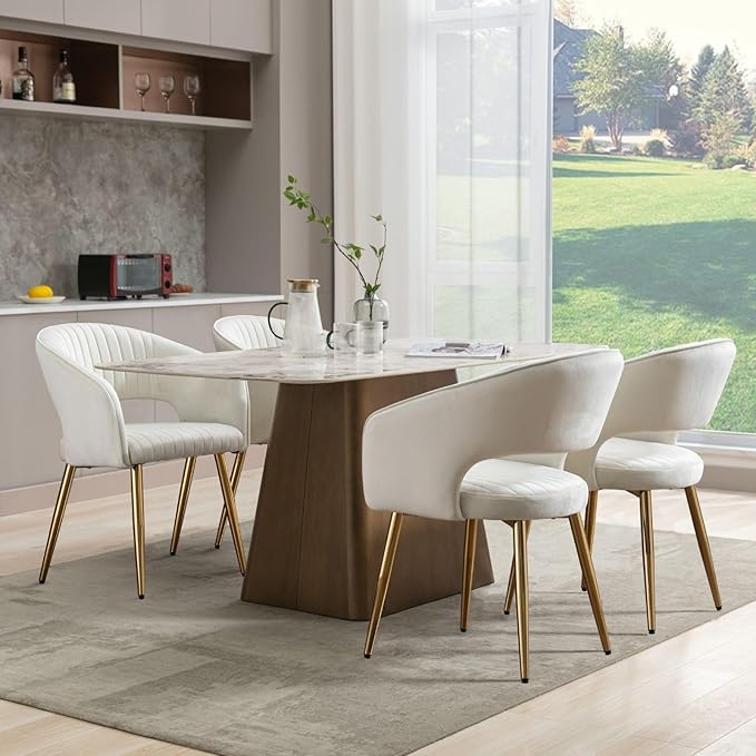 COMULER Cream Velvet Dining Chairs Gold Legs, Modern Dining Room Chairs with Arms Set of 6 Upholstered Accent Chair Armchair with Barrel Back for Kitchen Living Room