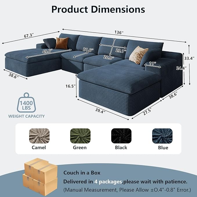 136" Cloud Sectional Couch with U-Shaped Chaise,Corduroy Viral Boneless Sofa with Ottoman,Memory Foam Couches in a Box with Deep Seat for Living Room,No Assembly Required (Blue,Left-Facing Chaise)