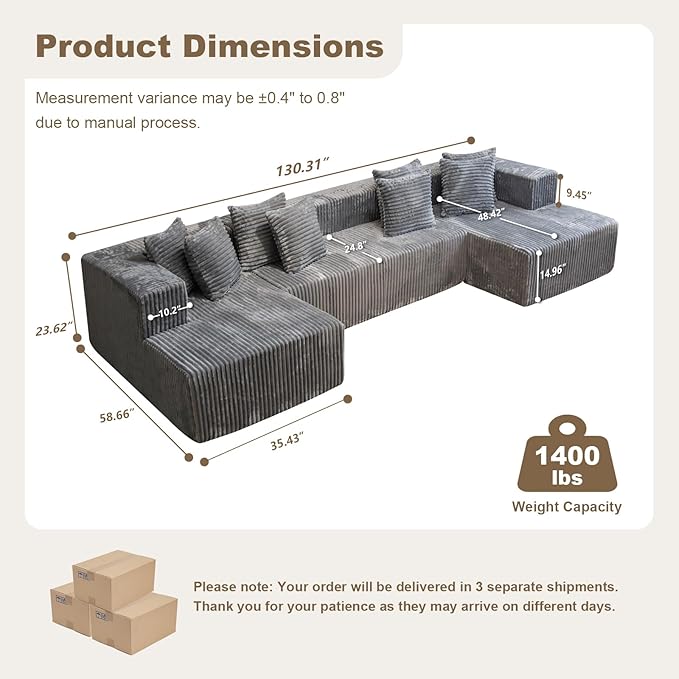 130'' U Shaped Couched for Living Room, Cloud Modular Sectional Couch with 2 Chaise Lounge, Modern Minimalist Upholstered Sofa Sleeper Deep Seat Corner Couch, No Assembly Required Grey