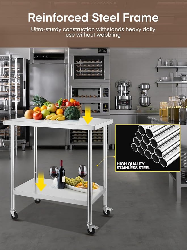 FOHERE Stainless Steel Table 36 x 24, with 4 Wheels, Two with Brakes, Prep Table for Commercial Restaurant, Home, Outdoor, Garden, Warehouse and Hotel