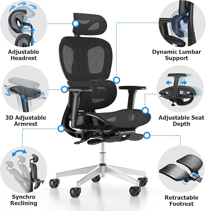 PatioMage Ergonomic Office Chair, Big and Tall Desk Chair with Adjustable Lumbar Support & Seat Depth, High Back Computer Chair, Swivel Mesh Chairs with Wheels for Home Office, Black