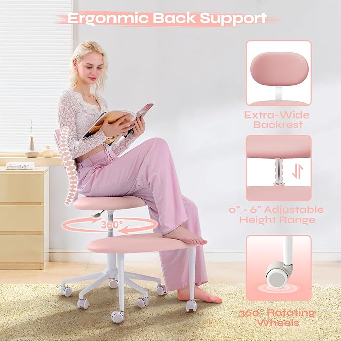 Pinmoco Ergonomic Cross Legged Office Chair with Wheels, ADHD Chair for Adults, Meditation Chair, Yoga Office Chair, Comfortable Back Support, Height Adjustable,Small Spaces, PU Leather, Pink