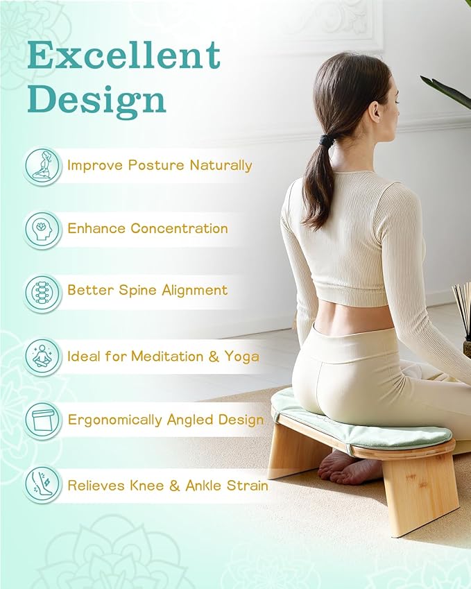 Hihealer Folding Bamboo Meditation Bench with Cushion & Carry Bag – Ergonomic Yoga and Prayer Stool for Comfort and Posture Support (Green)