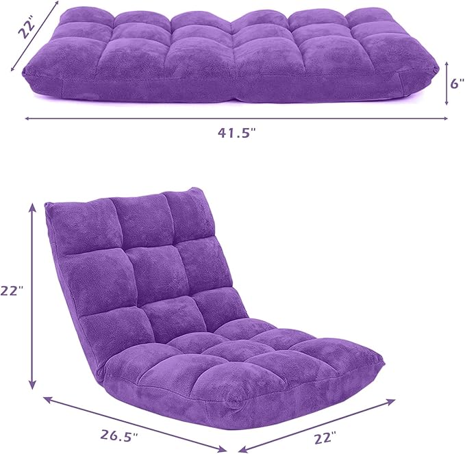 Floor Chair with Back Support, Foldling Gaming Sofa Chair with Comfy Cushion, Adjustable 14-Position Meditation Chairs, Lazy Lounge Recliner Reading Seat for Adults, Kids (Purple)