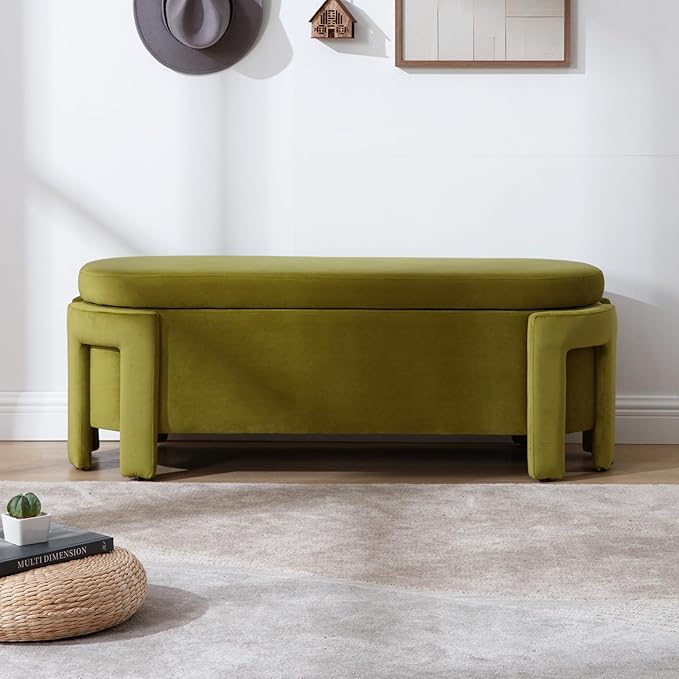 DM Furniture Modern Velvet Ottoman with Storage Entryway Bench for Living Room Comfy Upholstered End of Bed Bench with Safty Hinge for Bedroom/Living Room/Lounge/Corner, Olive
