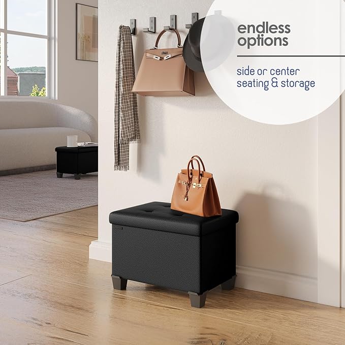 Storage Ottoman Cube with Small Bin, 16-in Square Ottoman with Storage for Living Room and Bedroom, Small Ottomans Foot Rest, Faux Leather Foot Stools Ottomans Max 330lbs, Black