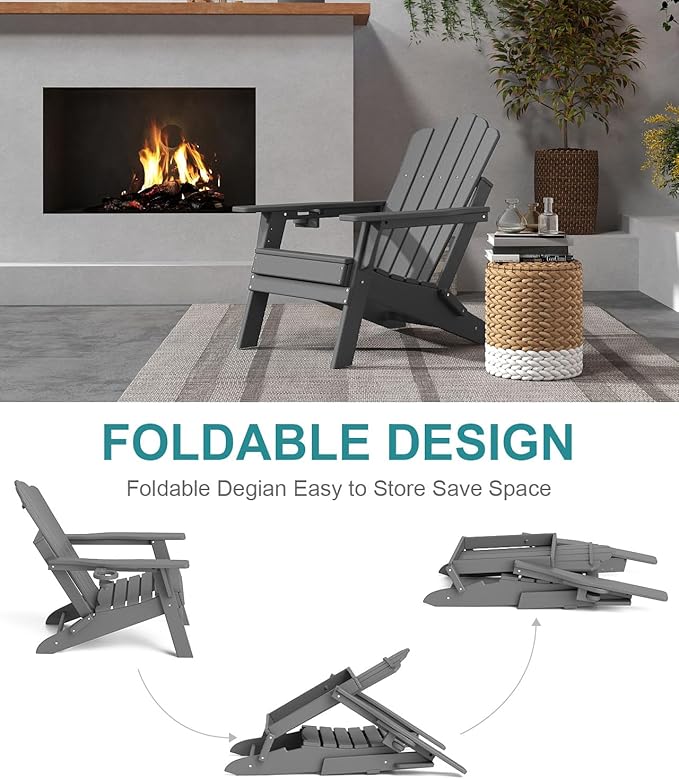 FOOWIN Adirondack Chair Set of 8, Folding Adirondack Chair with Cup Holder, HDPE All-Weather Fire Pit Chair for Patio, Garden, Backyard, Poolside, Grey