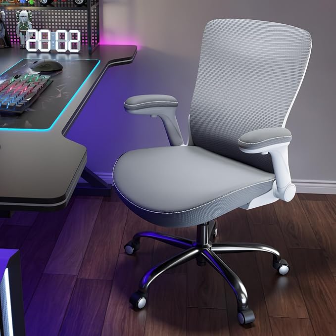 Office Home Ergonomic Desk Chair-Computer X-Shaped Chair Mesh PU Leather with Adjustable Lumbar Support-Executive Chair High Back Flip-Up Arms for Long Hours (Grey-No Headrest)
