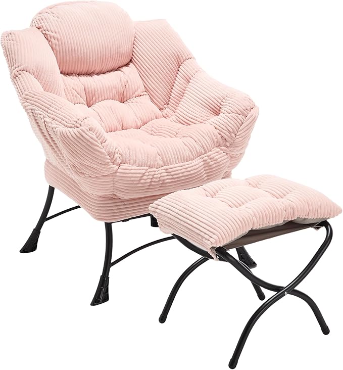 KEIKI Accent Chair with Storage & Ottoman, Flannelette Reading Corner Lazy Chair w/Steel Frame, Comfy Lounge Arm Chair W/Footrest, Leisure Sofa Armchair for Living Room, Bedroom, Easy Assembly, Pink