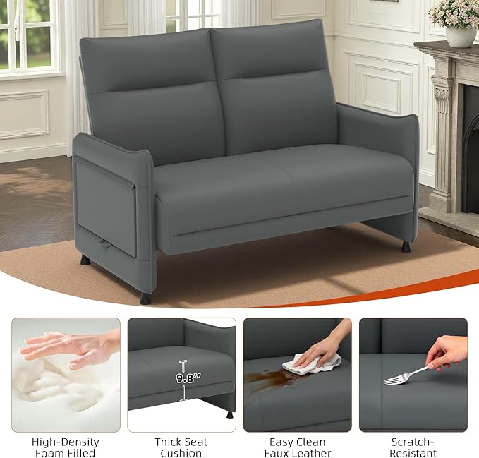 Faux Leather Loveseat, Upholstered Loveseat with Hidden Foldable Tray & Side Pocket, Front Contour Arm Design, Modern 2-Seater Sofa Couch for Compact Spaces, Gray