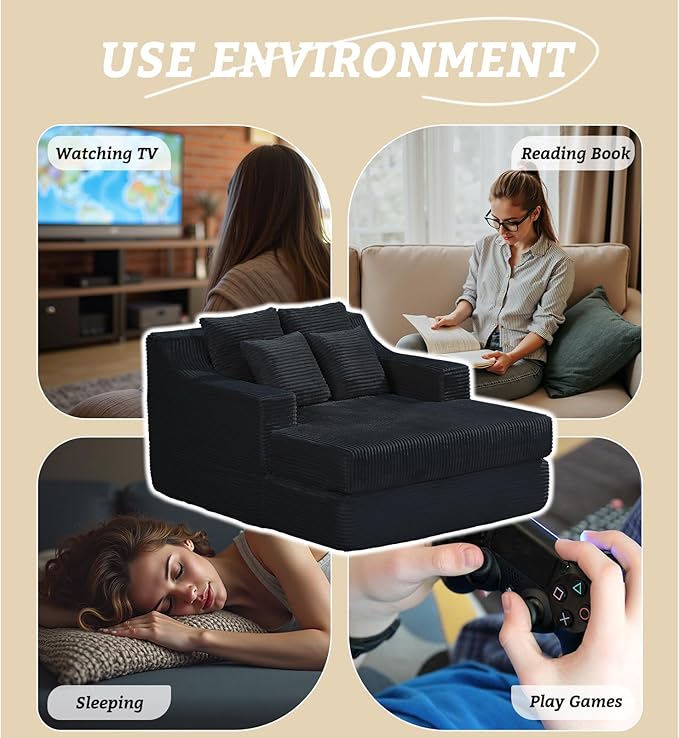 47" Boneless Chaise Lounge Chair Indoor,No Assembly Single Sleeper Upholstered Boneless Couch with 4 Pillows,Comfy Pet Friendly High Weight Capacity Foam for Bedroom,Living Room,Study Room,Black