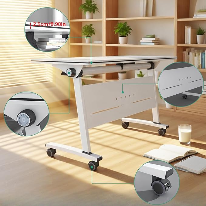 Folding Conference Room Tables, Flip Top Mobile Training Table with Wheels, Mobile Dynamic Meetings Training Tables, Portable Office Executive Desk, Rolling Seminar Meeting Table (1, White, 55.1in)
