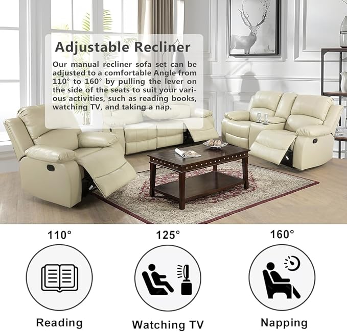 AYCP Bonded Leather Living Room Furniture Set Reclining Sofa Set Loveseat Furniture Sets in Living Room Sofa Recliners (3 Pieces, Beige)