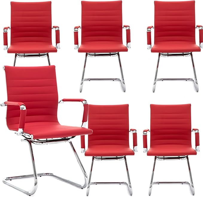 DM Furniture Office Desk Chair No Wheels Set of 6 PU Leather Computer Chairs Mid Back Guest Chairs for School Reception Conference Waiting Room, Deep Red