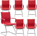 DM Furniture Office Desk Chair No Wheels Set of 6 PU Leather Computer Chairs Mid Back Guest Chairs for School Reception Conference Waiting Room, Deep Red