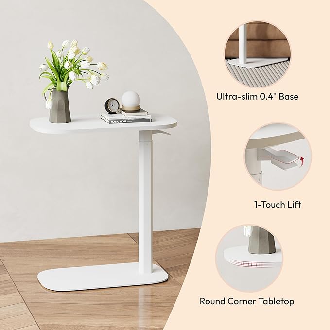 SANODESK Adjustable Overbed Bedside Table Pneumatic Adjustable Height Laptop Computer Standing Desk Cart with Tray, Hospital and Home Use(23.6" W x 13.8" D,White)