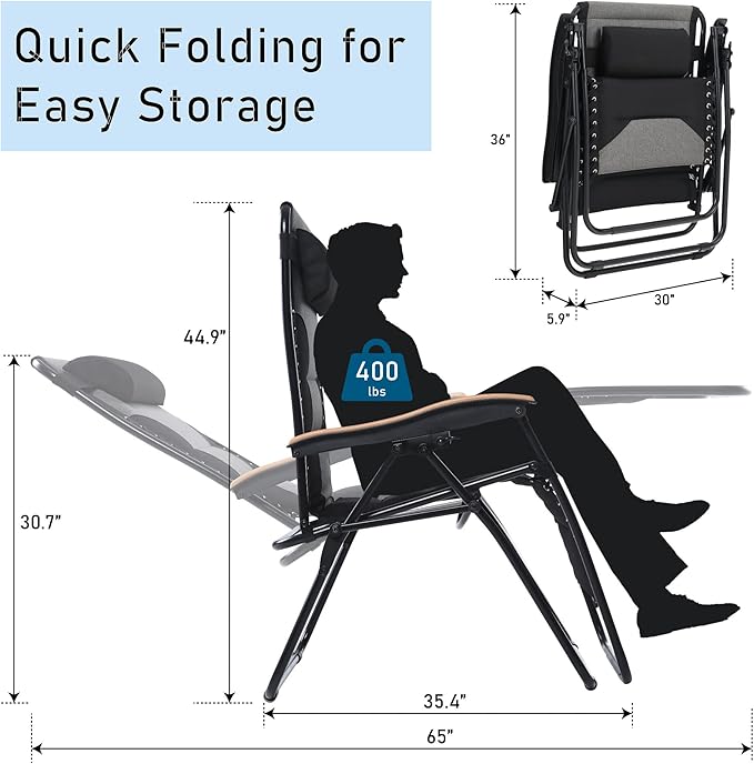 PHI VILLA XXL Oversized Padded Zero Gravity Chair Set of 2, Foldable Patio Recliner, 30" Wide Seat Anti Gravity Lounger with Armrest and Cup Holder, Support 400 LBS (Black)