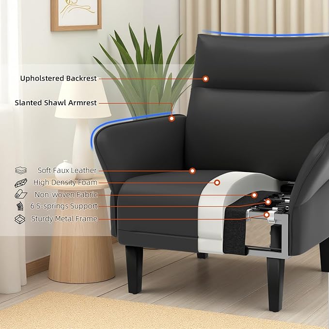2-Pack Faux Leather Accent Sofas, Slanted Shawl Armchairs with Wide Armrests & Wooden Legs, Black Sofa Chairs Set for Living Room, Bedroom, Small Spaces