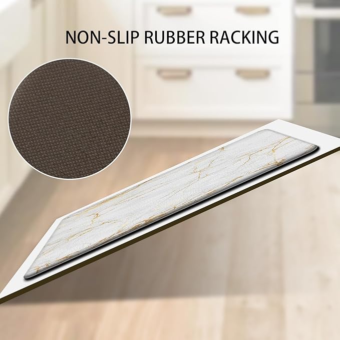 Kitchen Floor Mats Cushioned Anti Fatigue, White Marble Kitchen Rugs Set of 2 Non Slip Waterproof Memory Foam Kitchen Mat Comfort Standing Mat for Gold Kitchen Accessories and Décor