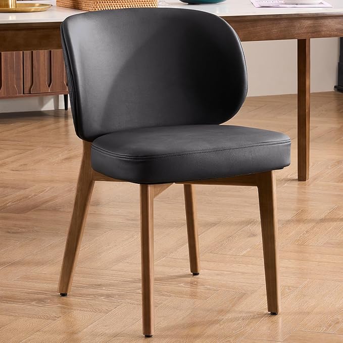 YOUNUOKE Upholstered Dining Chair, Modern PU Leather Dining Room Chair with Wood Legs, Widen Backrest Comfy Armless Side Kitchen Chairs, Black (Single Pack)