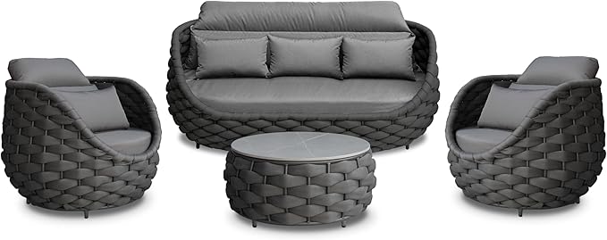 Erotr Rope Patio Furniture Set: 4 Pieces Aluminum Outdoor Couch Set Cushioned - Assembled Porch Conversation Sofa Set Modern - Metal Patio Seating for 5 Person Deck Garden Poolside Hotel, Dark Gray