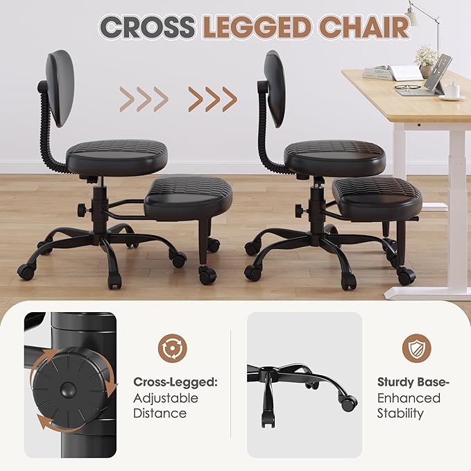 Anunweldo Cross Legged Office Chair, 360° Swivel ADHD Chairs for Adults, Height Adjustable Ergonomic Cross Legged Office Chair with Wheels, Wide Cross Legged Chair for Meditation, Yoga (Black)