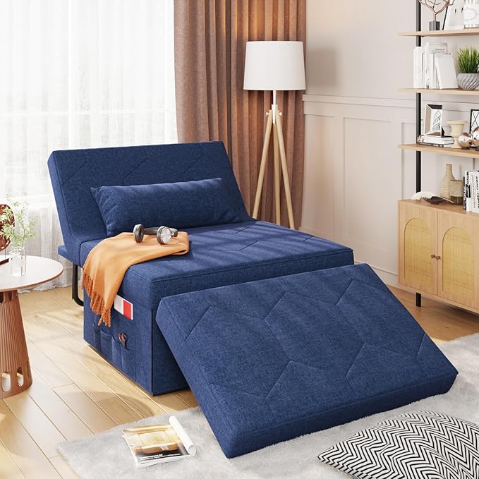 4 in 1 Sleeper Chair, Convertible Sleeper Sofa with Ottoman, Ottoman Bed for Adults, Sofa Bed with Adjustable Backrest for Living Room Apartment Office, Jean Blue