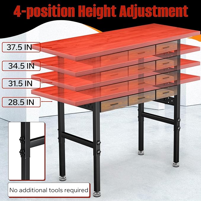 Work Bench, 60" Heavy Duty Workbench, Adjustable Height Work Table with Drawers & Power Strip, 2000LB Capacity, Solid Rubber Wood Garage Workbench, Wood Working Bench, Workshop Desk