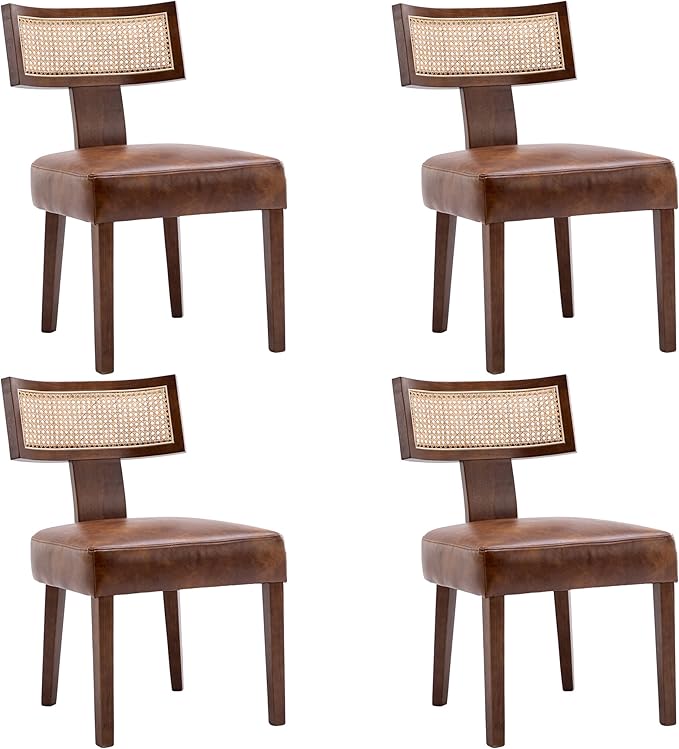 RIVOVA Mid Century Modern Dining Chairs Set of 4 Rattan Kitchen Chairs PU Leather Upholstered Side Chairs, Modern Kitchen Armless Solid Wood Dining Chairs, Brown