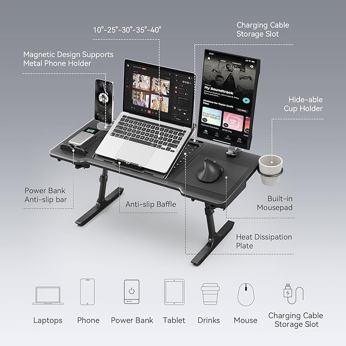 Newtral Lap Desk Bed Tray Table, Foldable Portable Laptop Table Tray for Chair, Laptop Stand for Couch Sofa Floor for Adults, Kids, Ideal for Study, Reading, Breakfast,and Working (Black, Premium)