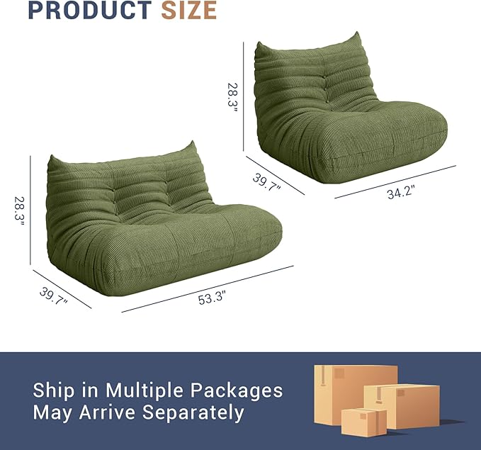 Bean Bag Chair for Adults, Fireside Chair Lazy Floor Sofa, Modern Corduroy Fabric Caterpillar Sofa Couch, Armless Foam Lounger Tatami Recliner Bean Bag Couch for Living Room Bedroom Dorm Office