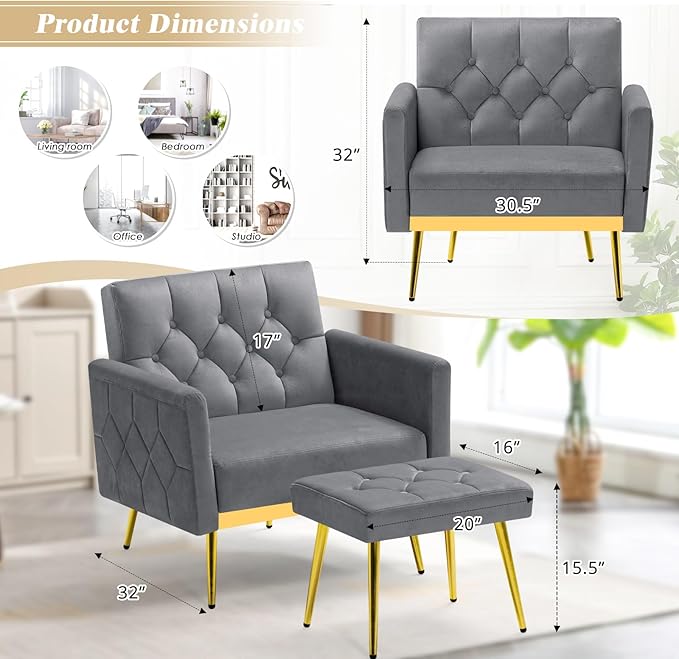ACMEASE Velvet Accent Chair w/Adjustable Armrests and Backrests, Tufted Single Sofa with Ottoman, Upholstered Reading Chiar for Living Room, Apartment, Bedroom, Grey