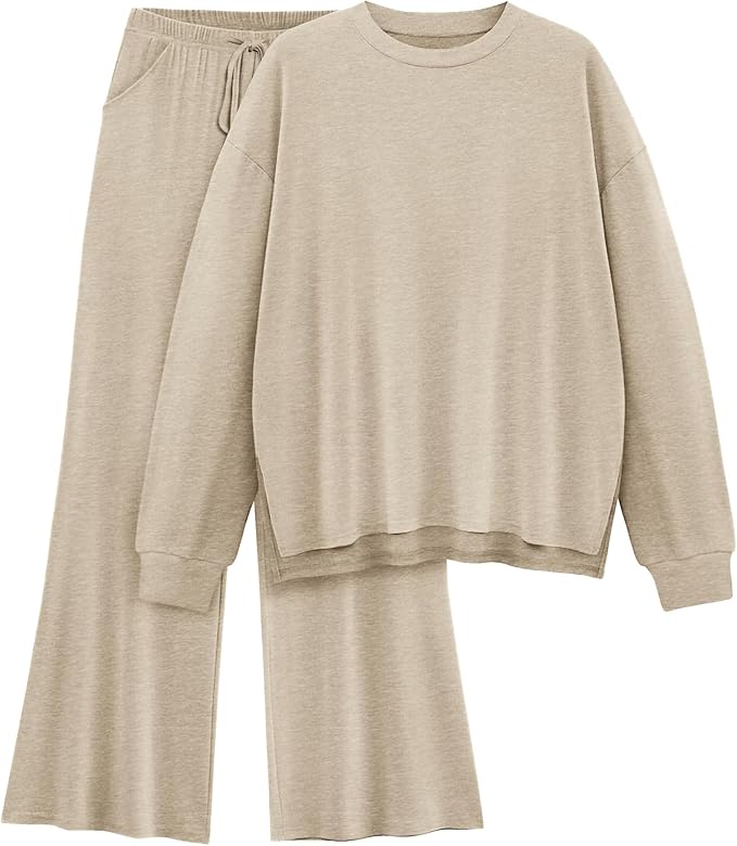 AmazingStar Womens Lounge Set 2025 Fall 2 Piece Outfits Long Sleeve Tops Wide Leg Long Pants Cozy Matching Sets Clothing