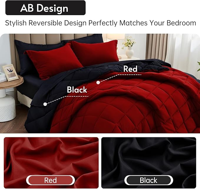 MUXHOMO 5 Pieces Twin XL Comforter Set, Reversible Bed in a Bag Twin XL Size, All Season Bedding Set with Comforter, Flat Sheet, Fitted Sheet, Pillowcases & Shams, Red & Black
