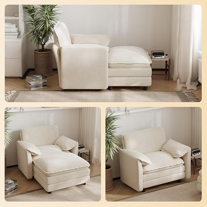 DAMAIFROM Oversized Chaise Lounge Chair Indoor with Ottoman, Firm Solid Wood Frame with Long Service Life Chenille Oversized Lounge Reading Chair for Study Room - Beige White