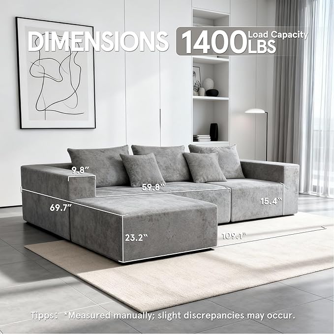 Sytopia 109" L-Shaped Cloud Couch, Boneless Modular Sectional Sofa with Deep Seat for Living Room Bedroom, Modern Floor Couch Chenille, Comfy Sleeper Futon Sofa Bed 40D Foam Furniture, Left Facing