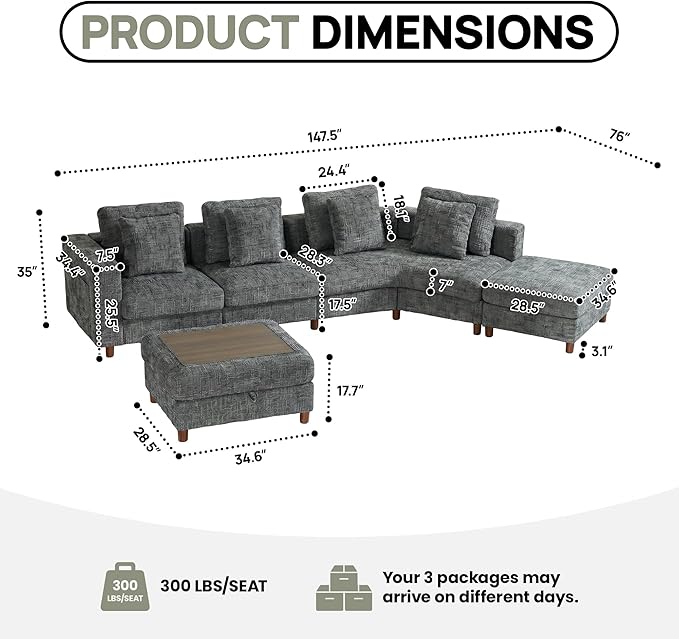 147" Oversized L-Shaped Modular Sectional Sofa, Modern 6-Seater Cloud Couch with 2 Storage Ottomans, Washable Pet-Friendly Fabric for Living Room, Apartment