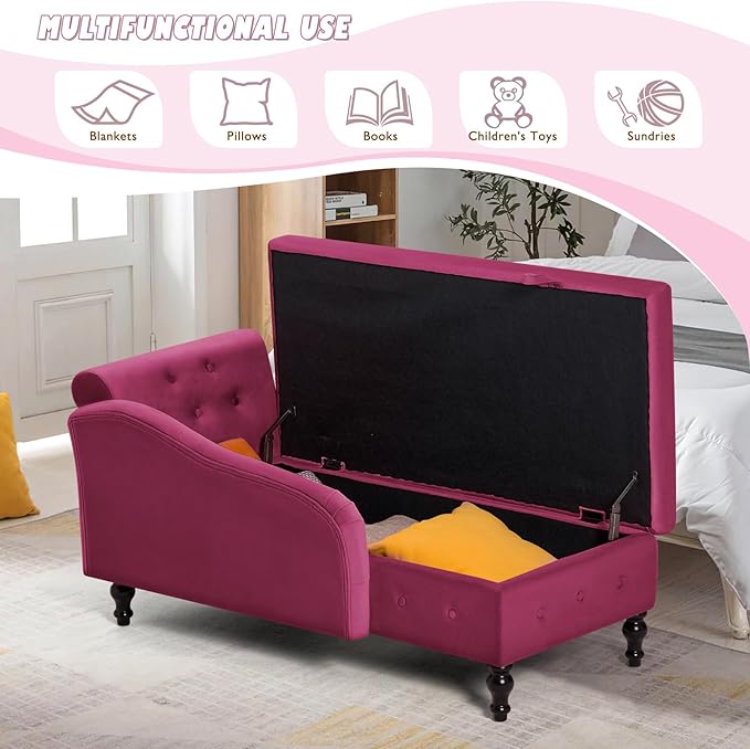 ACMEASE Upholstered Chaise Lounge with Right Armrest & Lumbar Pillow,Button Tufted Lounge Sofa with Storage,Lounge Chair Indoor,Modern Velvet Lounge Chair for Bedroom, Living Room and Office,Fuchsia