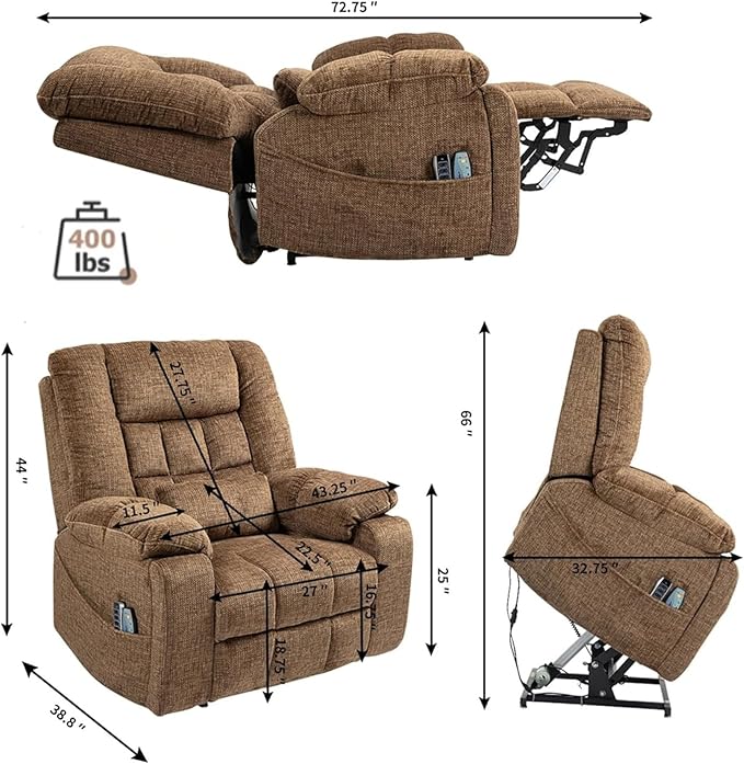 27in Extra Wide Recliner Chair for Big Man 400lbs, 4-Motor Power Lift Recliner Chair with Heat and Massage, Overstuffed Lay Flat Recliner with Hidden Cup Holder for Elderly, Brown