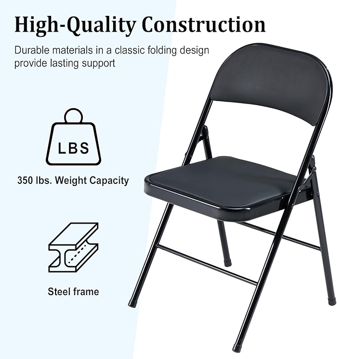 10 Pack Black Folding Chairs, Portable Heavy Duty Metal Frame Commercial Seat with Padded Cushion and Back, Foldable Outdoor Chairs for Party Kitchen Dining Events Wedding, 330 LBS Capacity