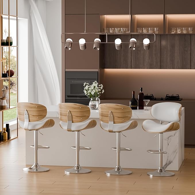 Aowos Bar Stools Set of 2, Adjustable Swivel Leather Bar Stools for Kitchen Island, Mid Century Modern Counter Height Bar Chairs Barstools with Back & Footrest (Cream White)