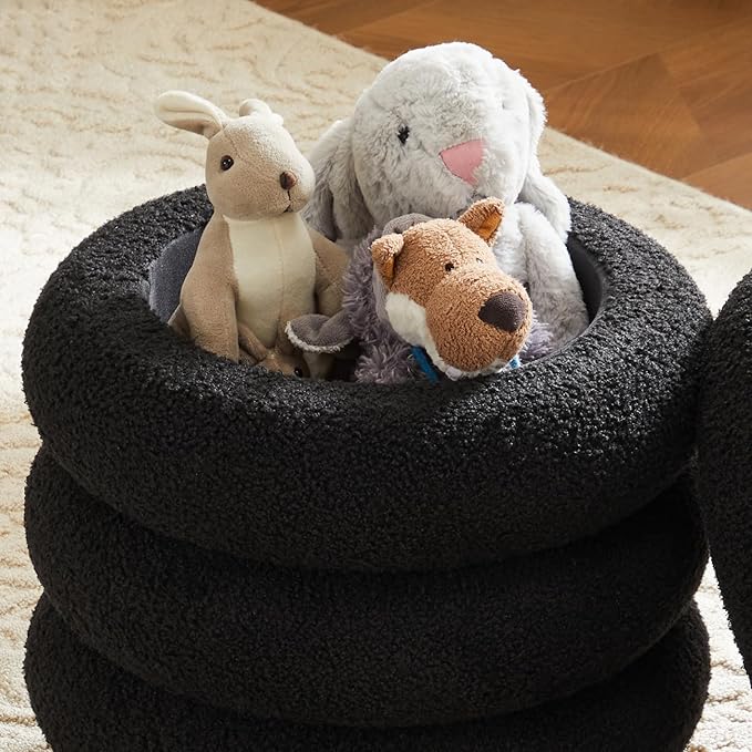 17.5'' Round Ottoman Foot Stool Fabric Storage Footrest Vanity Stool Chair, Modern Sherpa Upholstered Padded Seat with Lid for Living Room/Bedroom/Small Space/Make Up, Black