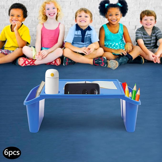 6 Pcs Kids Lap Desk Tray, Plastic Breakfast Lap Desk Trays with Storage Slots, Portable Stackable Lap Tray Tables for Writing Drawing Classroom, 19.69" L x 9.84" W x 7.1" H (Blue)