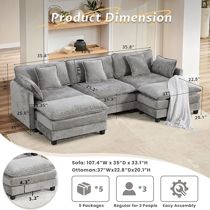 SoarFlash 113.78" Chenille Sectional Sofa, Comfy U Shaped Modular Coush Sofa with Ottoman, Modern 4 Seat Couch Deep Seat Sofa Set for Living Room,Grey