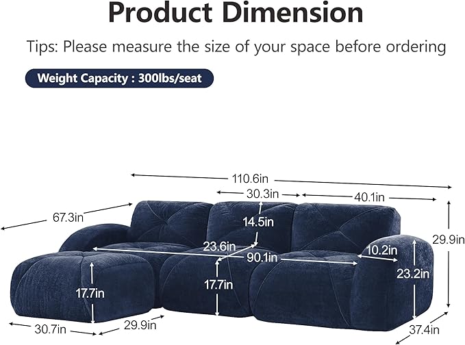 Modular Sectional Sofa with Free Combination,Boneless Floor Couch for Living Room & Lounge,Velvet 3-Seater Sectional Couch with Ottoman,No Assembly Needed
