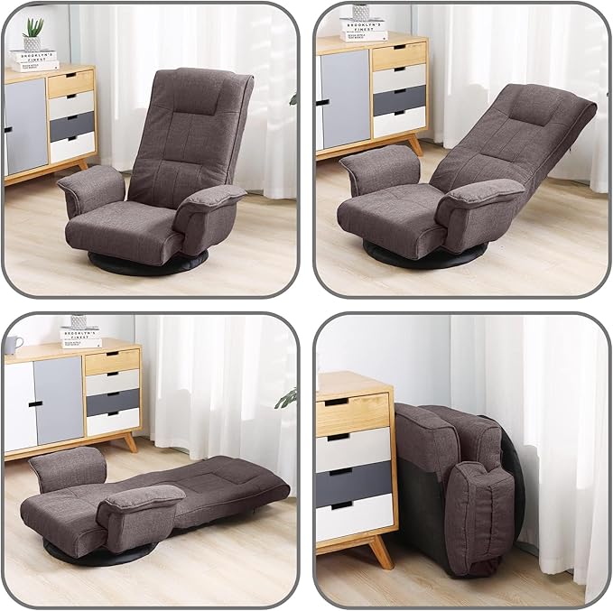 FLOGUOR 360 Swivel Gaming Chair 14-Position Adjustable Folding Floor Sofa with Armrests Lounger Bed for Home & Living Room Chaise Lounge Indoor for Adults QL201CO