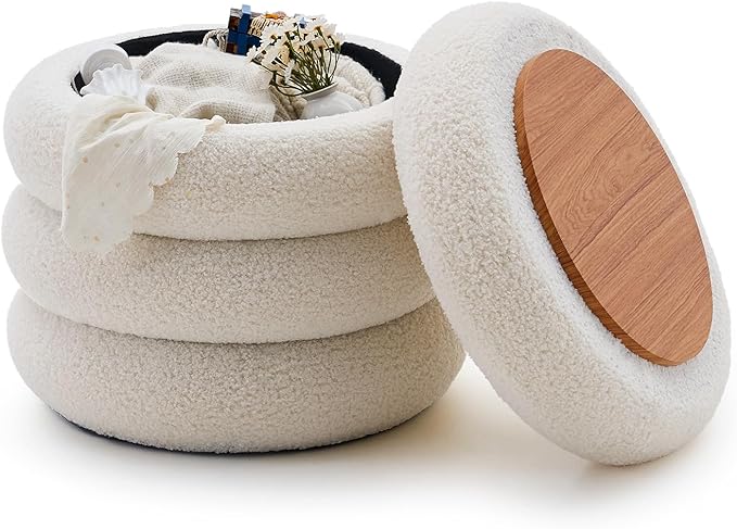 Wimarsbon Round Storage Ottoman, Modern Sherpa Footstool, Teddy Vanity Stool with Flip-Top Tray, Makeup Chair for Home Decor, Upholstered Footrest for Living Room & Bedroom (White)