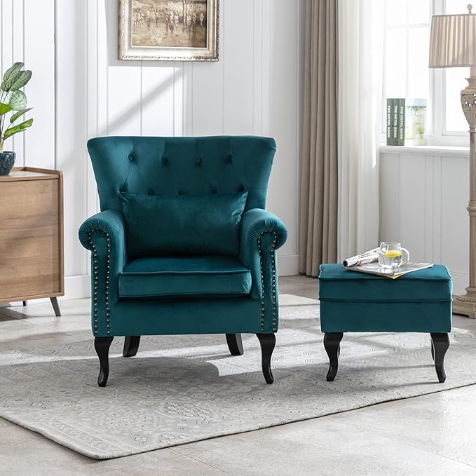 LZAREAL Accent Reading Arm Chairs with Ottoman Set of 2 for Living Room Bedroom, Midcentury Modern Corner Sofa Chair, Wingback Waiting Room Club Chair with Tufted Back &Lumbar Pillow, Velvet Teal